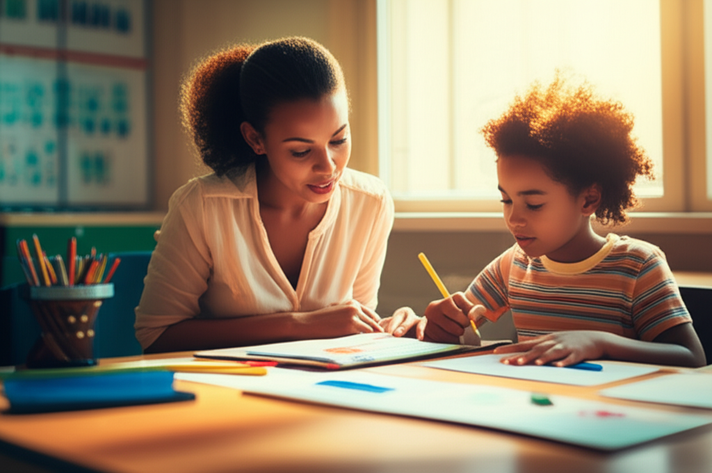 Professora e criança estudando